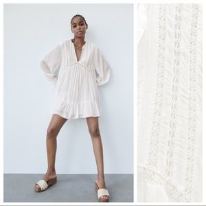 NWT. Zara White Viscose Mini Dress with Lace Insert. Size M.
